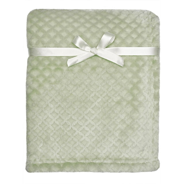 Modern Moments by Gerber - Herringbone Plush Blanket in Sage folded with a white satin ribbon bow, featuring soft plush fabric with a herringbone texture, sized 30 by 40 inches, designed for babies and toddlers.