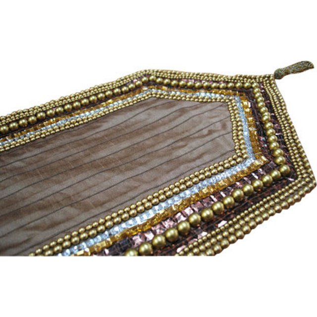 The HomeCentric Decorative Table Runner 14’’ x 60’’ Silk Beaded with Golden Pearls and Sequin Embroidery - Rust, Gold, Clear