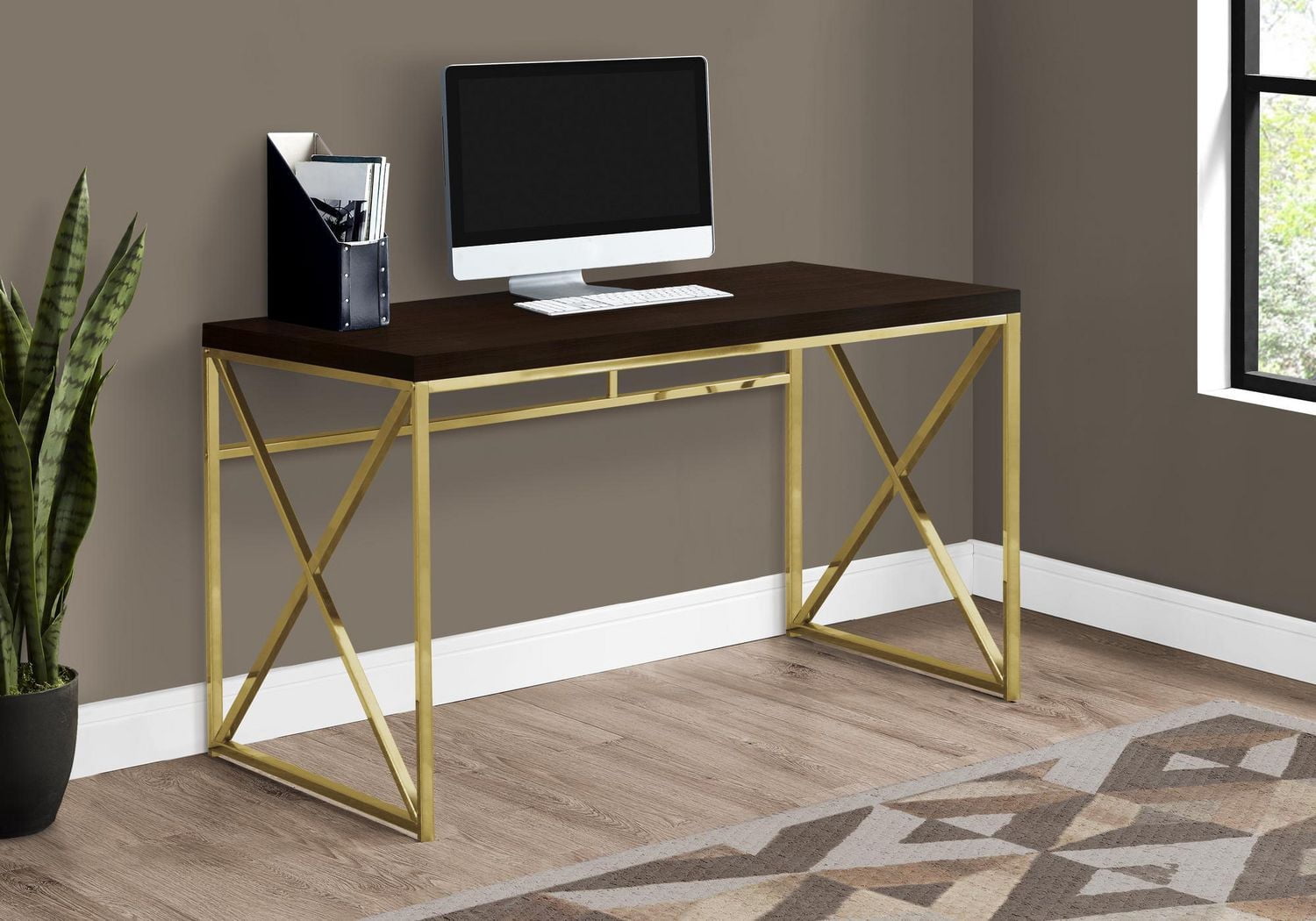 Monarch Specialties Computer Desk, Home Office, Laptop, Work, Metal, Laminate, Brown, Gold, Contemporary, Modern