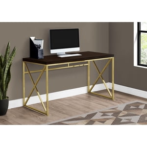 Monarch Specialties Computer Desk, Home Office, Laptop, Work, Metal, Laminate, Brown, Gold, Contemporary, Modern