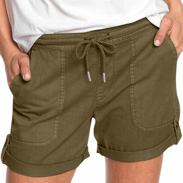 Plebaso 2025 Womens Drawstring Casual Shorts Elastic Waist Roll up Solid Color Summer Shorts with Pockets