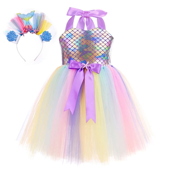 MIASHUI Robe de Demoiselle d'Honneur Sans Manches à Bretelles, Ensemble Sirène Princesse avec Bandeau, Violet, 5-6 Ans