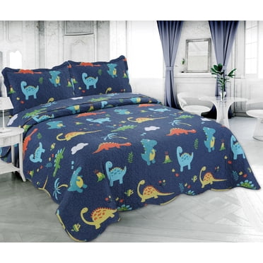 Marina Decoration Rich Printed Stitching Coverlet Bedspread Ultra Soft Summer Bedding Quilt Set with Quilted Sham, Dinosaur Zoo with Navy Blue Pattern