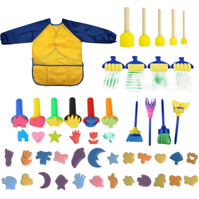 44pcs Sponge Painting Brushes Kit Mini DIY Painting Kits for kids, featuring a variety of sponge and foam brushes, including 4 roller sponge brushes, 6 stamp brushes, 24 combination shapes, 4 standard brushes, and 5 yellow sponge brushes. Includes a yellow and blue waterproof children's apron. Designed for early learning and creativity, this set is made of non-toxic EVA plastic and absorbent foam, suitable for creating diverse patterns and cultivating imagination. Ideal for children aged 4 and above with parental supervision.
