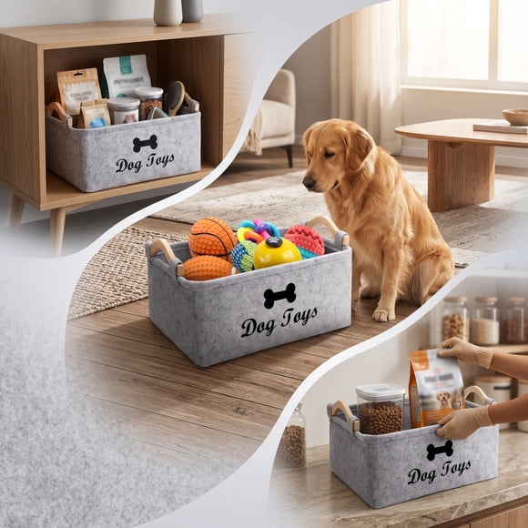 Pet Storage Organizer Basket with Wooden Handles for Toys Treats Food Bags and Supplies