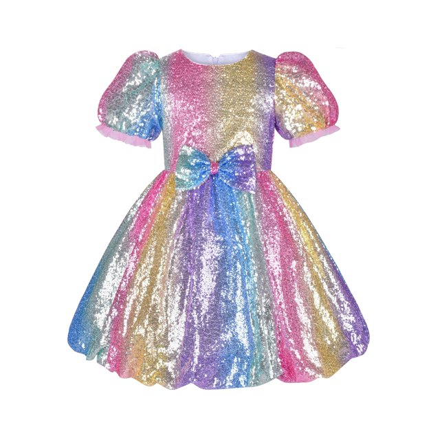 Girls Dress Sequin Shiny Rainbow Color Puffy Ruffle Bud Short Sleeve 6 Years
