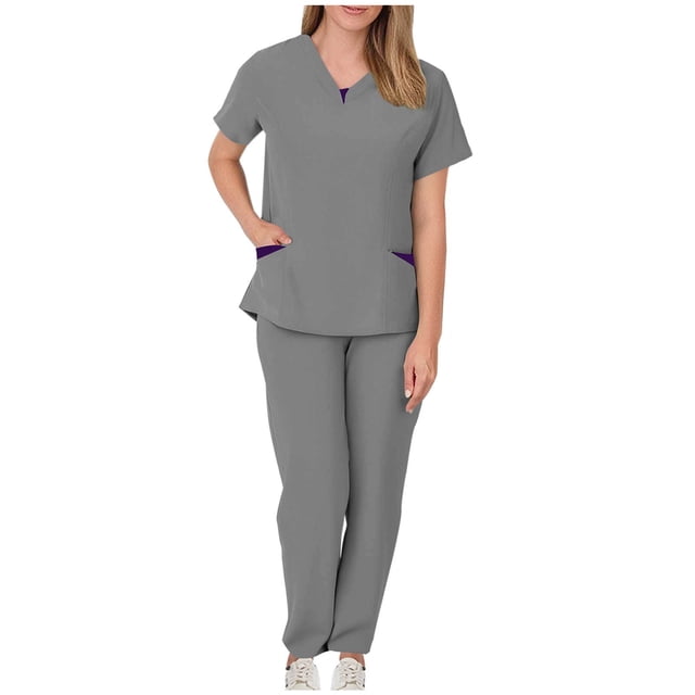 Women Scrub Sets, V Neck Medical Uniform Top with Pockets, Drawstring Scrub Pants, Nurse Uniform Sets for Work, Casual Two-Piece Outfits
