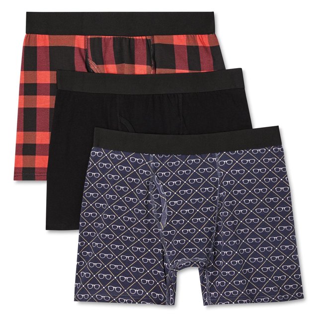 George Caleçons Boxeurs pour Hommes, Lot de 3, avec Trois Paires de Caleçons Boxeurs en Tricot Coton spandex, avec Coutures Plates et Larges Ceintures Élastiques Anti-Roulis, en Modèles Assortis : Carreaux buffalo Rouges et Noirs, Noir Uni et Bleu Marine avec Motif de Lunettes Blanches, Convenant au Port Quotidien.