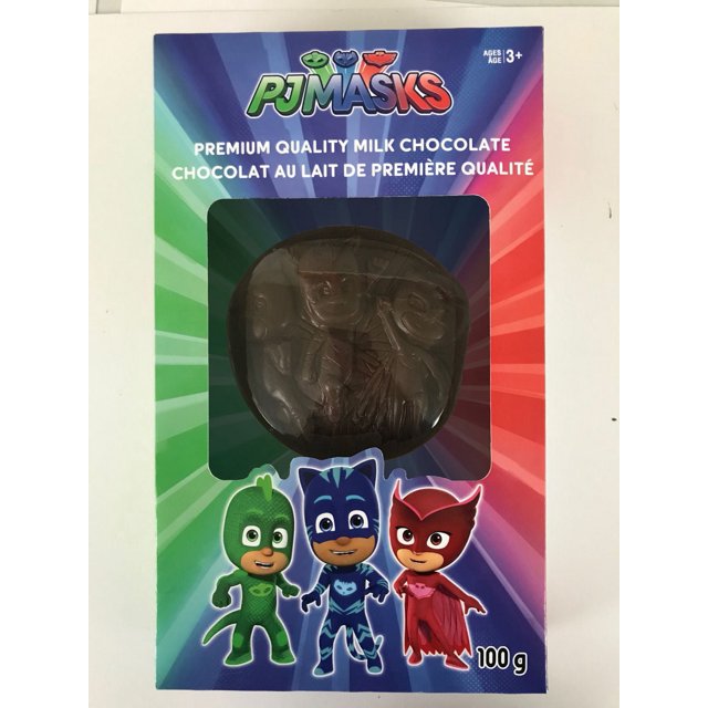 PJ Masks Choco Hollow 100g premium quality milk chocolate featuring embossed characters Catboy, Owlette, and Gekko on the chocolate surface, packaged in a colorful box with green, blue, and red gradient rays and character illustrations, suitable for ages 3 and up.