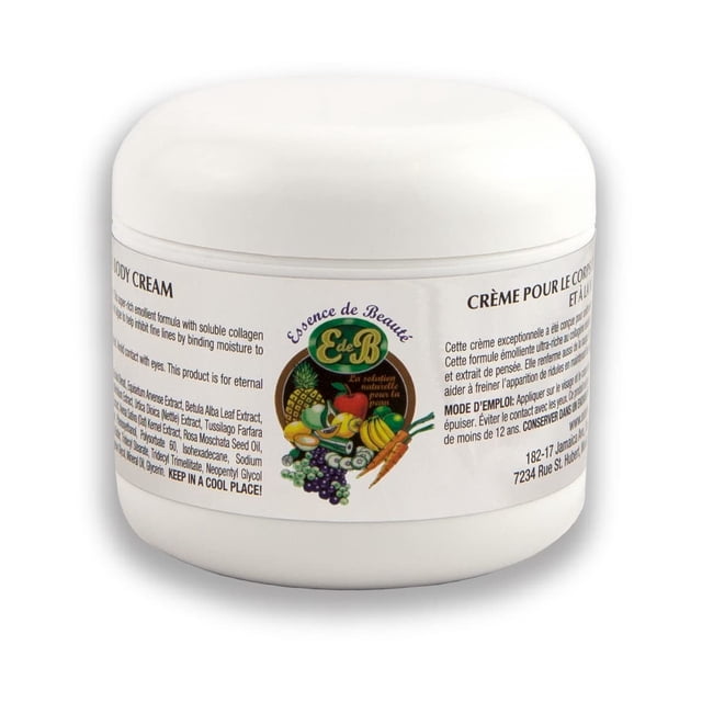 Essence de Beaute - Crème au Collagène 8 Oz dans un Pot Blanc avec une Étiquette Colorée Présentant le logo E de B et des illustrations de fruits et de Légumes. la Crème Est Formulée avec du Collagène soluble et des Extraits Naturels comme la Mandarine, le lime, le Citron et la Sauge pour Hydrater et Réduire les Signes de Vieillissement. Convient à Tous les types de Peau, Elle Est Conçue pour une Utilisation sur le Visage et le Corps après une Douche Ou un Bain.