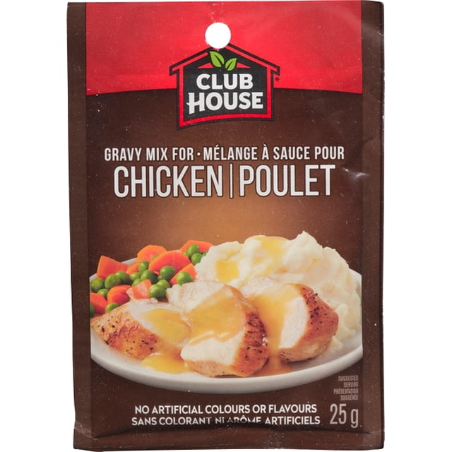 Club House Chicken Gravy Mix 25 g packet with red and brown packaging, featuring sliced roasted chicken breast topped with gravy, served with mashed potatoes and mixed vegetables, made in Canada with no artificial colours or flavours, suitable for enhancing poultry meals.