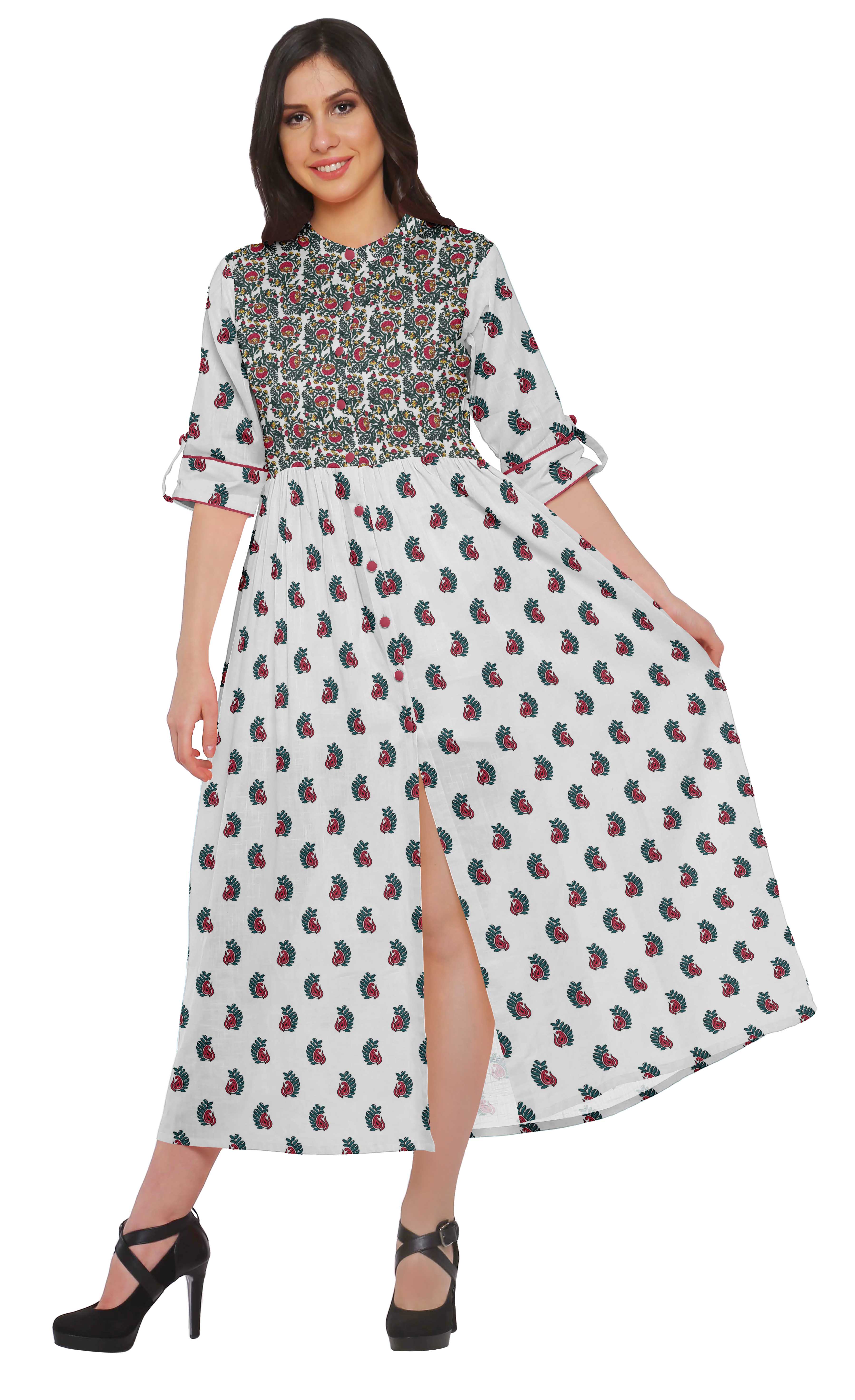 Moomaya Printed Kurta Summer Wear Ladies Kurti Front Slit Tunic Tops Women