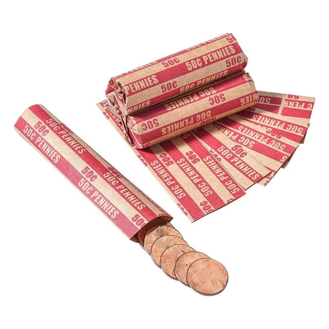 Emballages de Pièces en Papier kraft Rouge, Lot de 100, pour 50 pence, avec Rouleaux de Pièces Plates à Codage de Couleur standard et Marquages de Dénomination. les Pochettes en Papier Durables Sont Conçues pour une Organisation Facile des Pièces et Retiennent Sécuritairement 50 pennies Chacune. Idéal pour la Manipulation d'Argent dans les Banques, les Supermarchés et l'Usage Personnel. Comprend une Pile d'Enveloppes Bien Disposées et Quelques Pièces Partiellement Insérées dans un Rouleau.