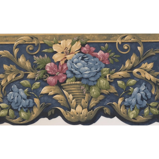 Bleu Rouge Fleurs Jaunes en Pots Papier Peint Victorien Bord Design Traditionnel, Rouleau 15' x 4.18''