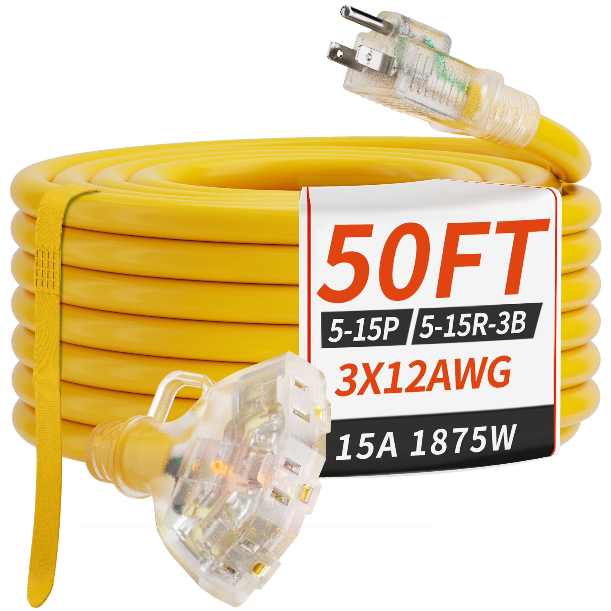 PlugSaf 50 FT 12/3 Gauge Outdoor Extension Cord with Multiple Outlets Light Indicator, Flexible 3 Outlet Weatherproof Heavy Duty Extension Cord Waterproof Yellow, 15