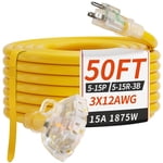 PlugSaf 50 FT 12/3 Gauge Outdoor Extension Cord with Multiple Outlets Light Indicator, Flexible 3 Outlet Weatherproof Heavy Duty Extension Cord Waterproof Yellow, 15