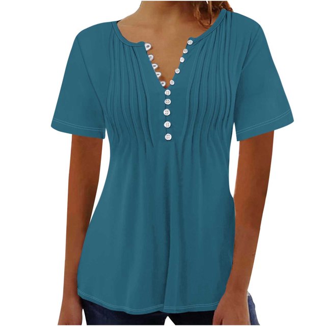 AherBiu Womens Tops Summer Button Round Neck Solid Color Ruched Dressy Casual Loose Tunics Tshirts
