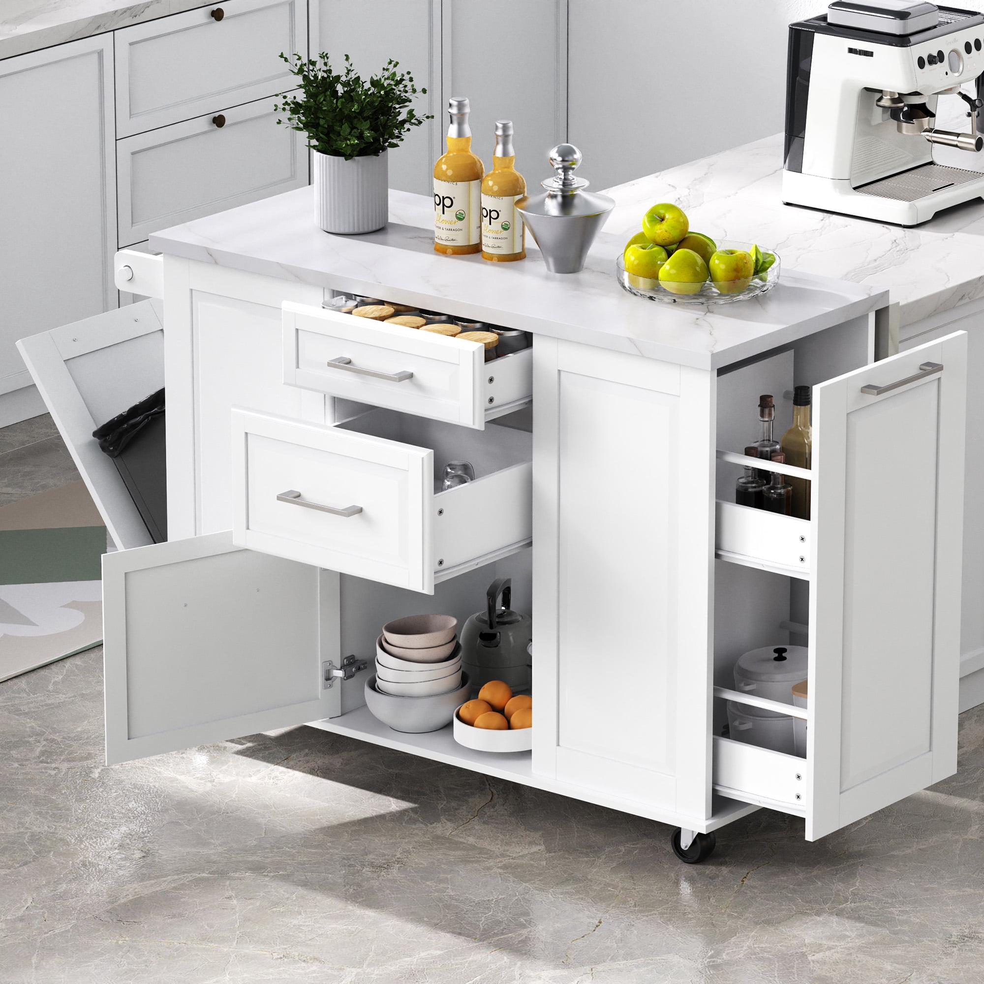 Homy Casa Kitchen Island Cart with Trash Bin, Storage, Foldable Top, White, 50.7"