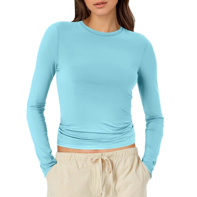 T-Shirts pour Femmes à Manches Longues Hauts à Manches Longues pour Femmes T-Shirts en Spandex Col Rond Crop Top Chandails de Compression pour Femmes Chemise à Manches Longues pour Femmes T-Shirt Basique Uni Hauts pour Femmes T-Shirts