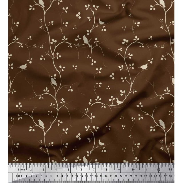 Soimoi polyester Crepe Fabric Branches,Leaves & Bird Print Fabric by Yard 52 Inch Wide