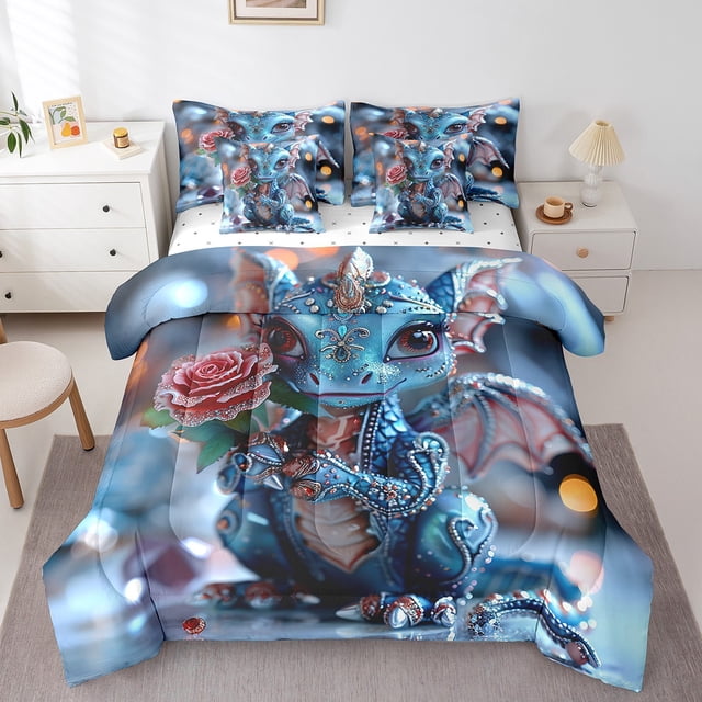 YST Kawaii Dragon Theme 7-Piece Comforter Set for Kids, Cartoon Bedding Set