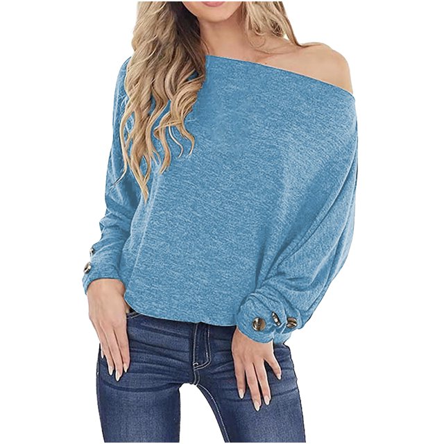 Pompotops Mode Femmes Décontracté Ample Pull-Over Épaules Dénudées Manches Longues Boutons Hauts