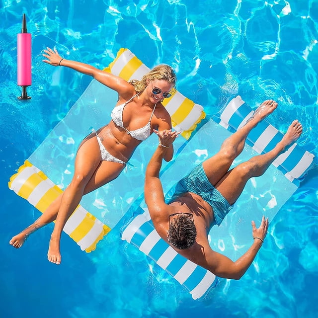 2 Pack Pool Float Pool Hammock in yellow and blue stripes, shown in use by two adults relaxing in a swimming pool. Each inflatable water hammock measures 52 inches by 27 inches and supports up to 220 lbs. Made of high-density PVC, these versatile floats can function as a hammock, lounge chair, saddle, or drifter. Includes a pink manual air pump for easy inflation and deflation, making it portable and ideal for pools, beaches, lakes, and outdoor parties.