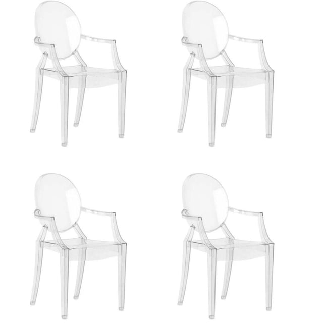 LILA Chaise pour Enfants Fantôme, Ensemble de 4, Comprenant Quatre Chaises en Plastique Transparentes de Style Fantôme avec Dossiers Arrondis et Accoudoirs, Disposées en Carré sur Fond Blanc. Ces Chaises Pliantes Résistantes aux Chocs, aux Égratignures et aux Intempéries Conviennent à l'Utilisation dans la Cuisine et la Salle à Manger Résidentielles Ou Commerciales, Souvent Utilisées comme Sièges Compacts pour les Petits Espaces.