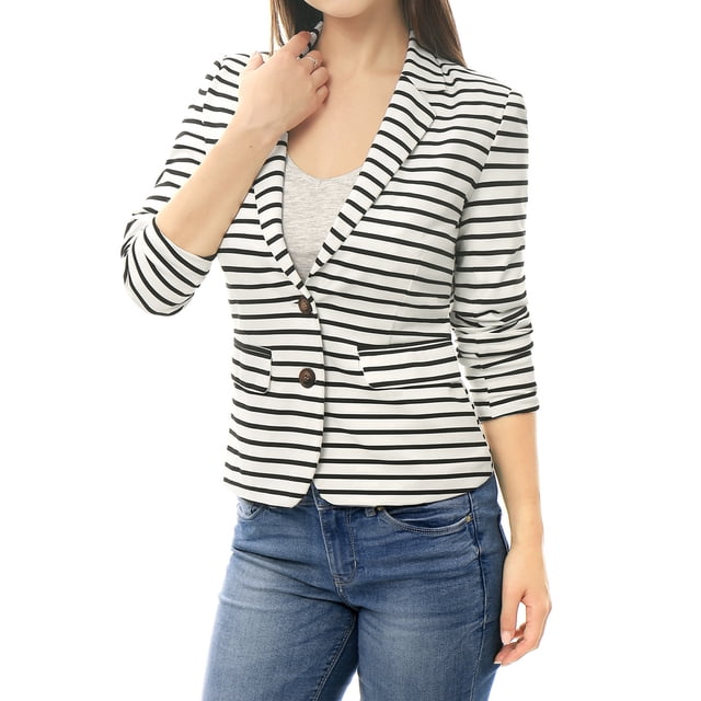INSPIRE CHIC Blazer à Rayures pour Femme à Revers Cranté, Manches Longues, Boutonné, m Blanc