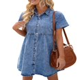thumbnail image 2 of Robe en Denim pour Femmes Décontractée à Manches Courtes, Boutonnée, Smockée, à Volants, Style Babydoll, Robe en Jean, 2 of 6