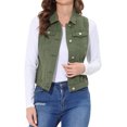 thumbnail image 1 of INSPIRE CHIC Veste Sans Manches en Denim Délavé pour Femme à Poches à Rabat sur la Poitrine, à Simple Boutonnage, Vert Armée, P, 1 of 6