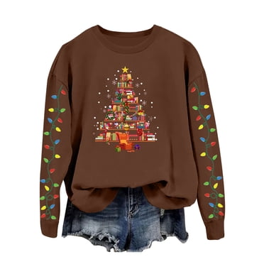 AWZXDE Women's Christmas Sweatshirt Pullover Cardigan with Christmas Tree Print - Crew Neck Long Sleeve Top for Women