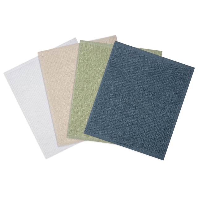 Mainstays 100% Cotton Barmop Towels set of four lint-free, multi-purpose kitchen dishcloths in white, beige, light green, and dark blue, featuring a thick, absorbent cotton texture ideal for cleaning spills and glassware.