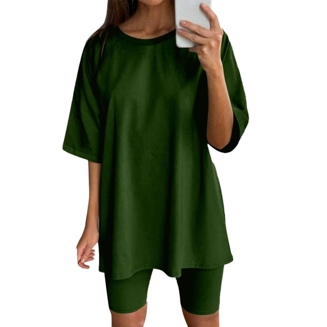 Ketyyh-chn99 Two Piece Short Set Linen Shorts Women Lounge Sets Sets Outfits Short Sleeve Basic Shorts Set Green,3XL