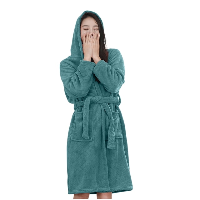 Women’s Hooded Fleece Bathrobe – Plush Short Robe with Waist Belt & Pockets (Cozy Lounge Essential)