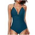 thumbnail image 3 of VBTAPA Tummy Control Swimsuits for Women Full Coverage One Piece Bathing Suits Metal Halter V Neck Ruched Slimming Swimwear Limited Time Sales of Today Navy L, 3 of 5