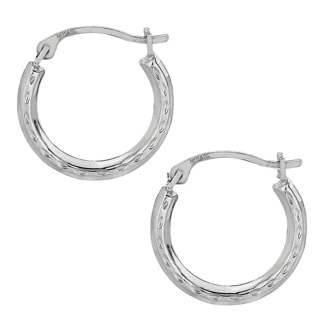 10k White Gold Shiny Diamond Cut Round Hoop Earrings with a 15mm diameter. These earrings feature a high-polished finish with a diamond-cut texture, adding a touch of elegance. Designed with a snap post hinge closure for easy wear, they are lightweight at 0.3 grams, making them suitable for everyday use. Made with real 10k white gold and stamped with the 10k metal mark.