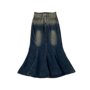 Vintage Denim Maxi Skirt Women High Waist Distressed Ruffles Bodycon Sexy Mermaid Long Skirt Fashion Girl - Blue / M