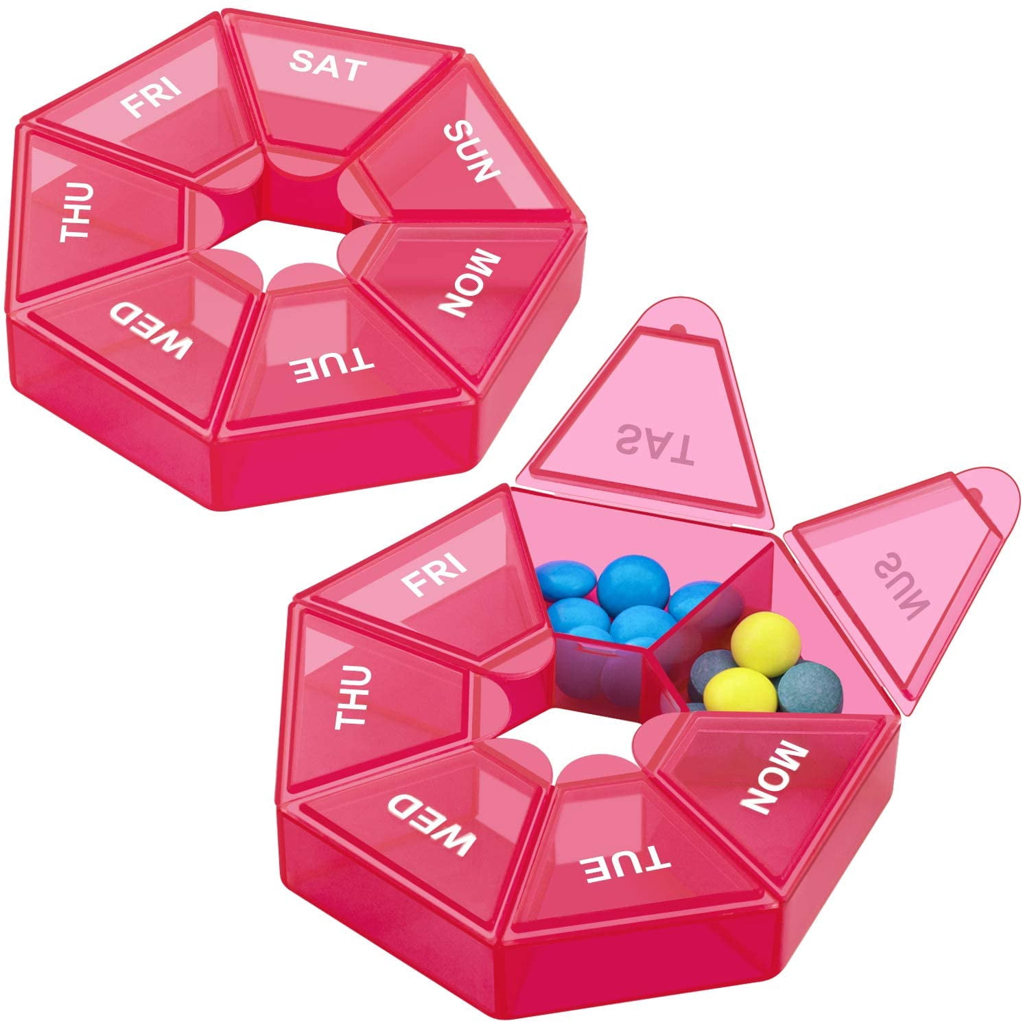 2 Pieces 7-Sided Portable Pill Holder Box Weekly Pill Organizer Medicine Planner Travel Pill Planner Small Case 7 Days Pill Reminder Vitamin Holder Box Sorter Plastic Pill Container