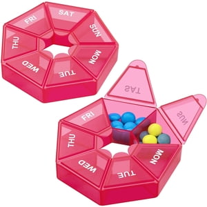 2 Pieces 7-Sided Portable Pill Holder Box Weekly Pill Organizer Medicine Planner Travel Pill Planner Small Case 7 Days Pill Reminder Vitamin Holder Box Sorter Plastic Pill Container