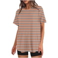 thumbnail image 1 of Mikilon Ensemble Élégant pour Femmes 2 Pcs Mode Décontractée Rayé Imprimé Col Rond Épaule Tombante Short Ensemble Deux Pièces Orange-A TG, 1 of 4