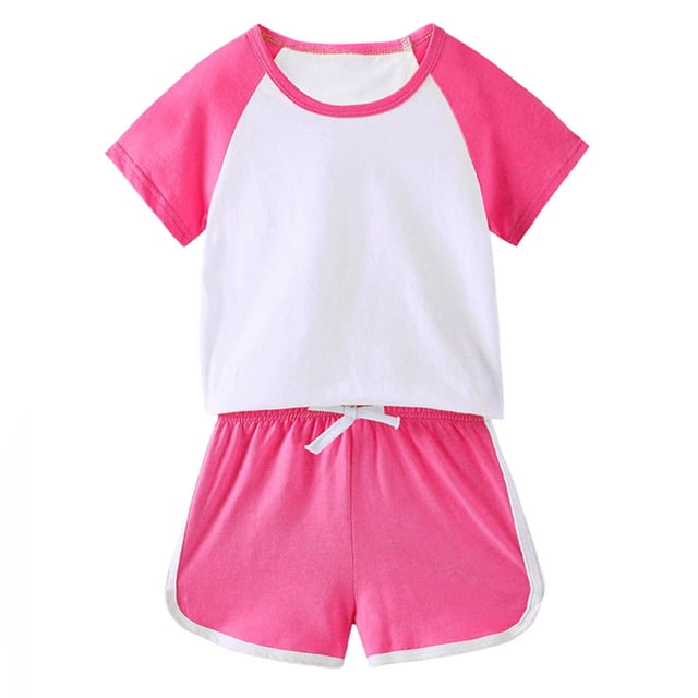 MKOSPLRT Workout Sets for Kid 12M-11Y Color Block Running Outfits Short Sleeve Raglan Shirts Drawstring Waist Track Shorts Sports Outfits