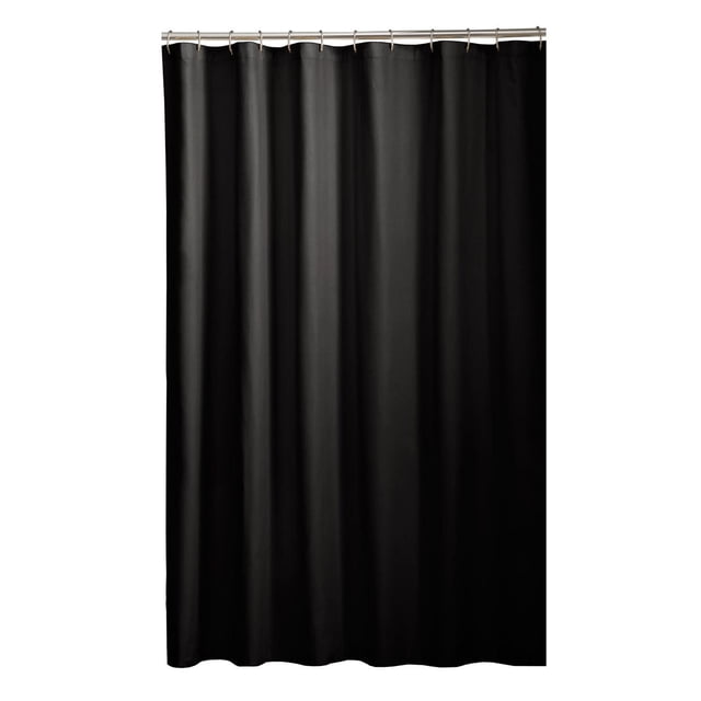 Mainstays Doublure de Douche en Tissu, 70 Pouces x 71 Pouces, en Tissu Déperlant Noir Uni avec Dessus à Boutonnière pour un Accrochage Facile sur Crochets Argentés. Elle Présente un Ourlet Magnétique Lesté pour Garder la Doublure en Place Près de la Baignoire, Convient à la Plupart des Douches et Baignoires standard, Convient à une Utilisation Seule Ou avec des Rideaux Décoratifs.