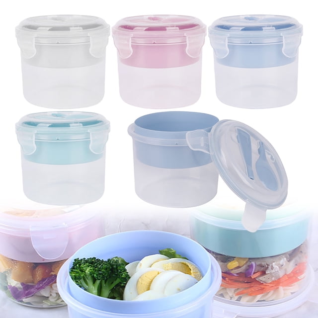 Reusable Parfait Cup Container with Lid by Kitecy, displayed as a set of five with pastel-colored lids including pink, blue, and teal. Each container has a transparent cylindrical body, an airtight lid, and a removable inner compartment for toppings or snacks. Includes a spoon stored in the lid. Suitable for meal prep, portion control, and storing yogurt, oatmeal, cereal, or snacks. Microwave, freezer, and dishwasher safe food storage containers.
