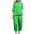 thumbnail image 1 of Timegard Ensemble 2 Pcs Grande Taille pour Femmes Manches 1/2 Col Rond Hauts Décontractés Amples Pantalons Raccourcis avec Poches Ensembles, 1 of 7