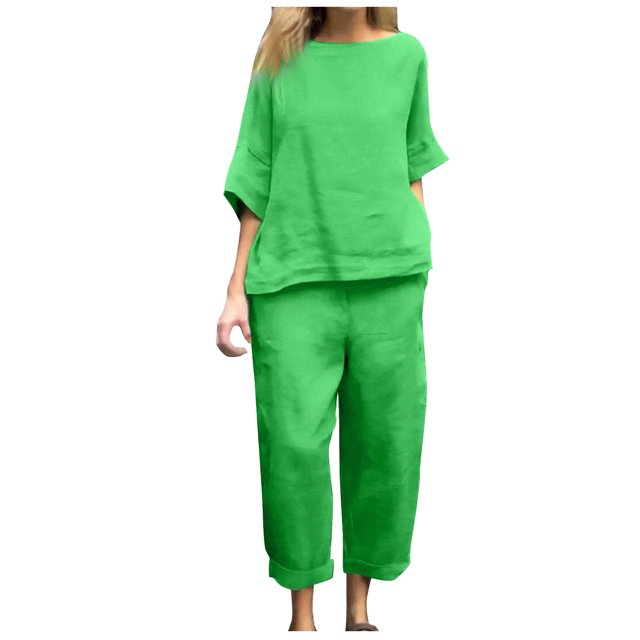 Timegard Ensemble 2 Pcs Grande Taille pour Femmes Manches 1/2 Col Rond Hauts Décontractés Amples Pantalons Raccourcis avec Poches Ensembles