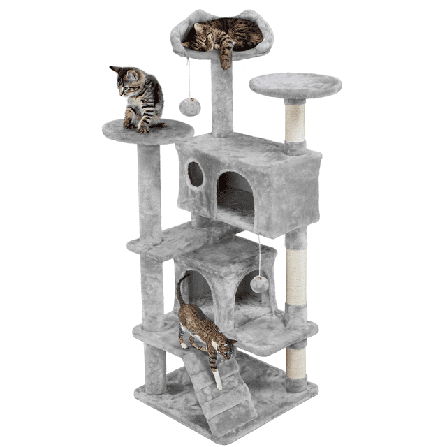 Yaheetech 54 Po H Cat Tree Tour avec 3 Poteaux à Griffer en Gris Pâle, une Grande Pièce de Mobilier pour Chat avec Plusieurs Niveaux, Deux condos Fermés, Trois Perchoirs Supérieurs et des Poteaux à Griffer en Corde de sisal. on Voit des Chats Se Détendre et Jouer sur la structure Robuste, Couverte de Peluche, Idéale pour Grimper et Griffer.