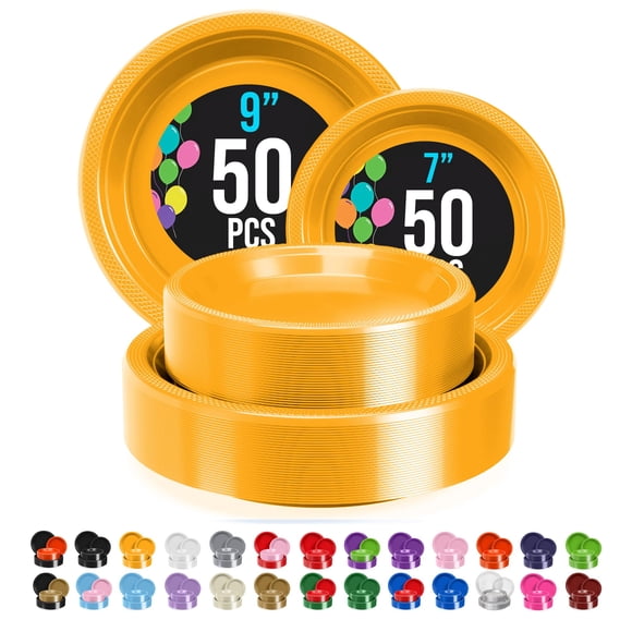 Exquisite Party Solids Yellow Plastic Plates For Party Supplies, Yellow Disposable Plates 100 Pcs - 50-7" & 50-9" Heavy
