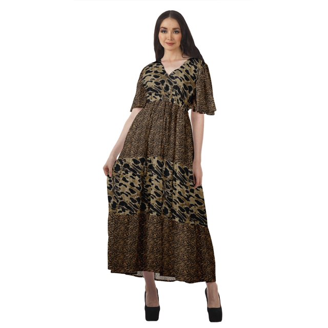 Moomaya Robes d'Été Imprimées à Manches Courtes pour Femmes, Tenue de Fête Décontractée
