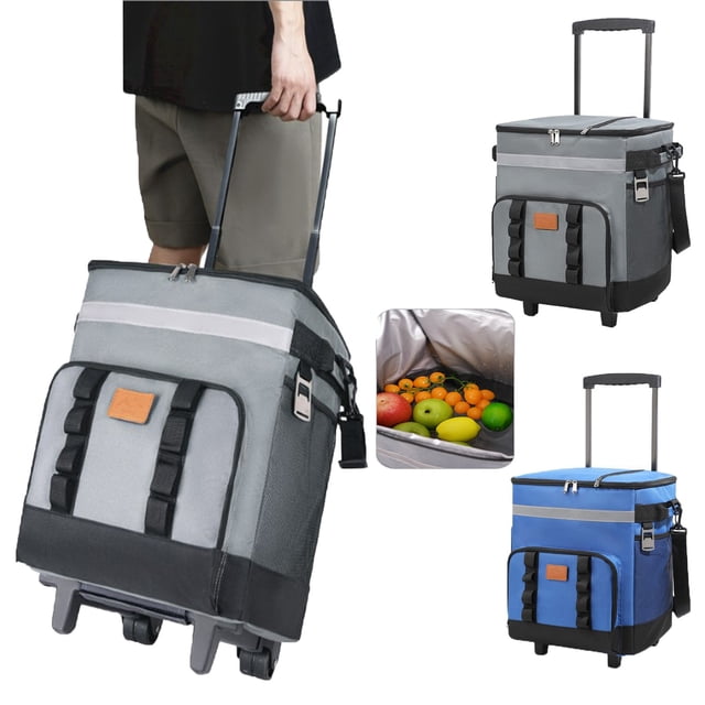 wycnly Telescopic Handle Ice Bag Large Capacity Rolling Cooler Insulated Box with Wheels Portable Dual Compartment for Car Outdoor Picnic 10.8x9.8x7in Clearance